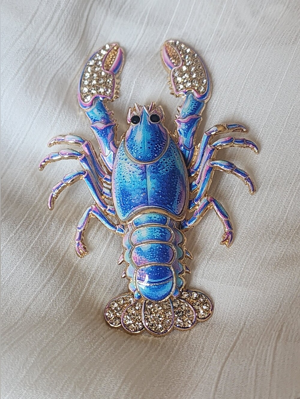 🦞 💎 "Lobster" Blue Enamel Rhinestone Brooch - Picture 2 of 3